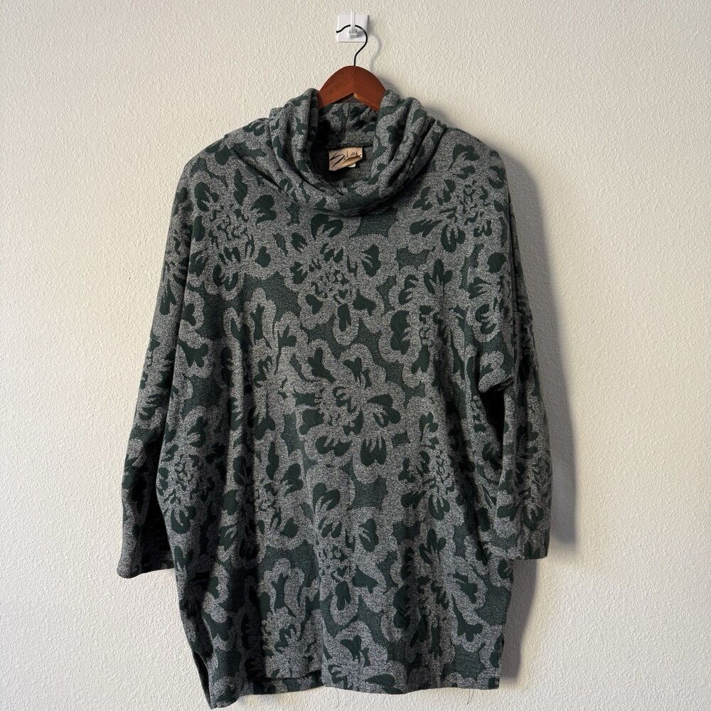 VTG Splurge Sausalito Sweater Womens One Size Green Gray Floral Cowl Neck Tunic